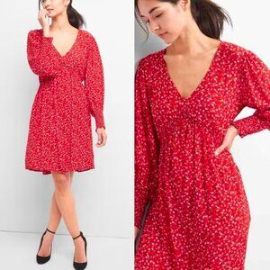 GAP Red Pansy Dress Floral Printed V-neck Swing Dress Medium Long Sleeve